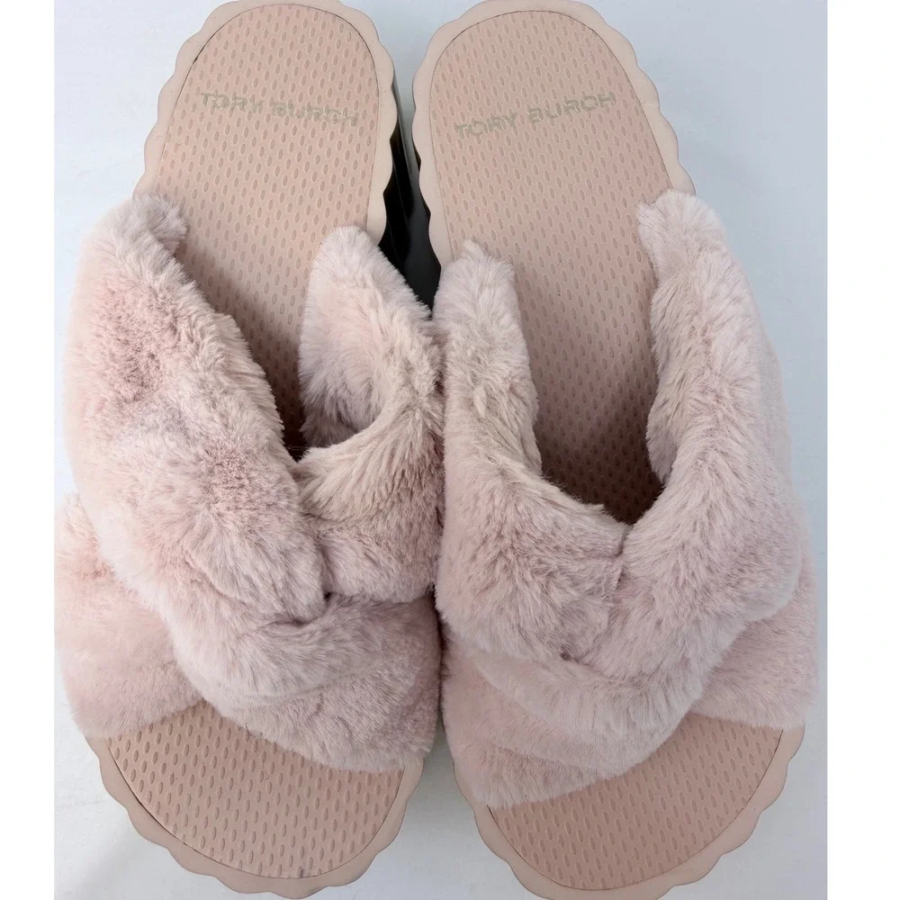 Tory Burch Womens Pink Faux Fur Platform Slides Rose Gold Sole Size 7